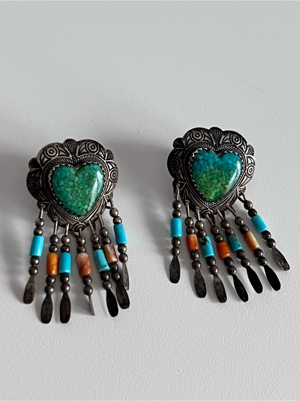 Vintage Navajo Q.T. Sterling Silver Heart Turquoise Chip Dangle/Drop Earrings